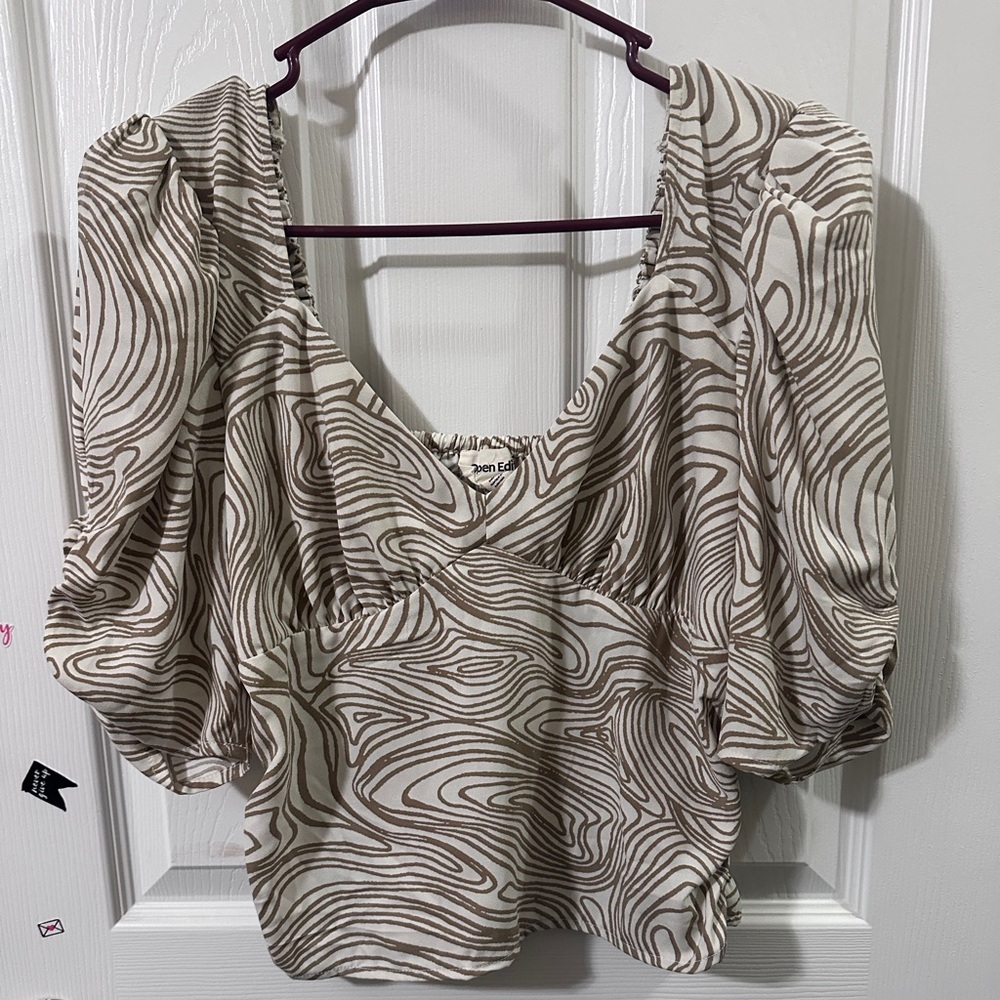 Open Edit Puff Sleeve Blouse Womens Medium Tan Swirl Print Excellent Smocked
